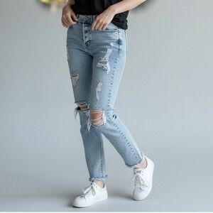 Express Vintage Skinny High Rise Distressed Jeans Light Wash Raw Hem Size 0